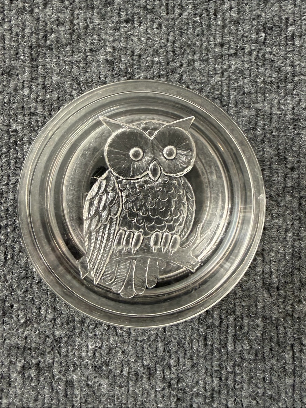 Owl Trinket Box Round Lucite Clear Lid Felt Bottom Vintage Mid Century 1960s